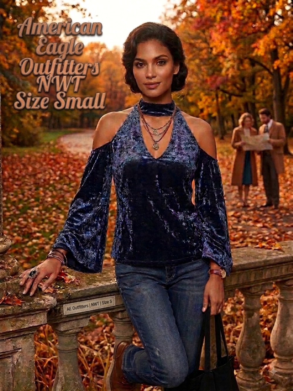 NWOT AMERICAN EAGLE OUTFITTERS Women's Blue Velvet Cold Shoulder Top S
